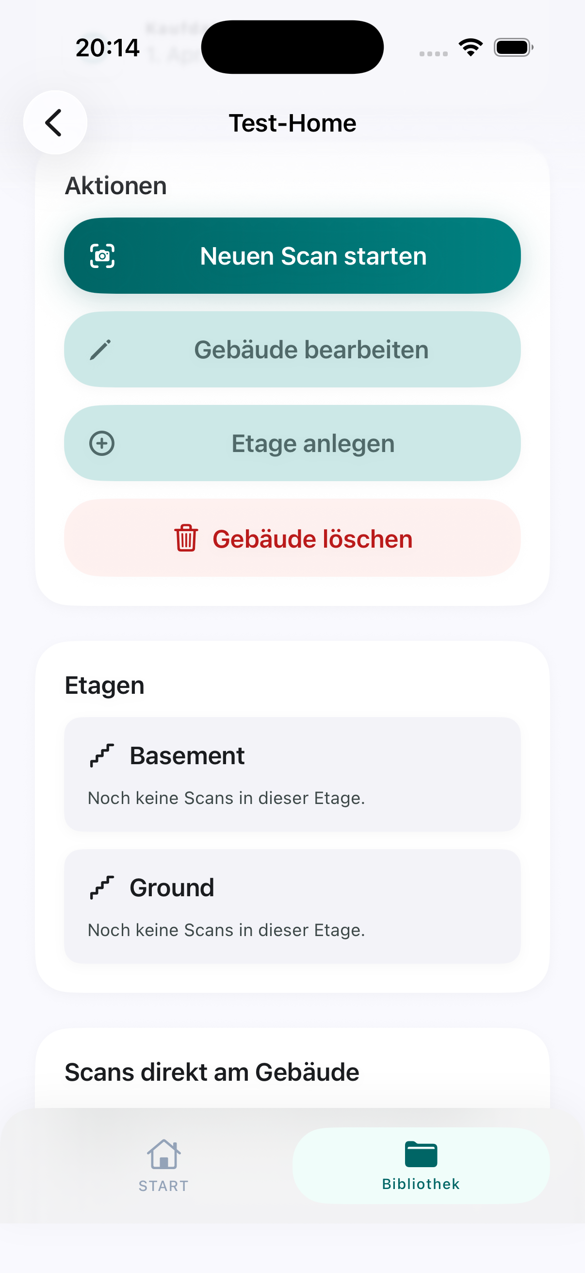 RoomTrace building detail with actions and level list.