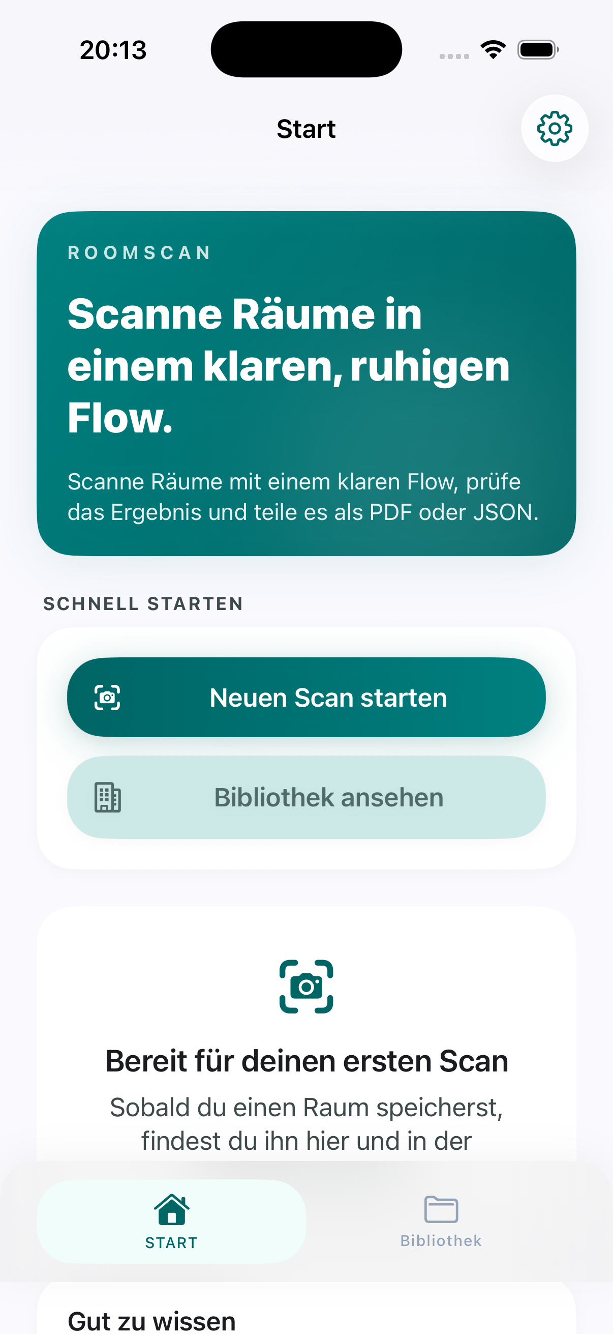 RoomTrace home screen with hero section, quick start, and first empty state.