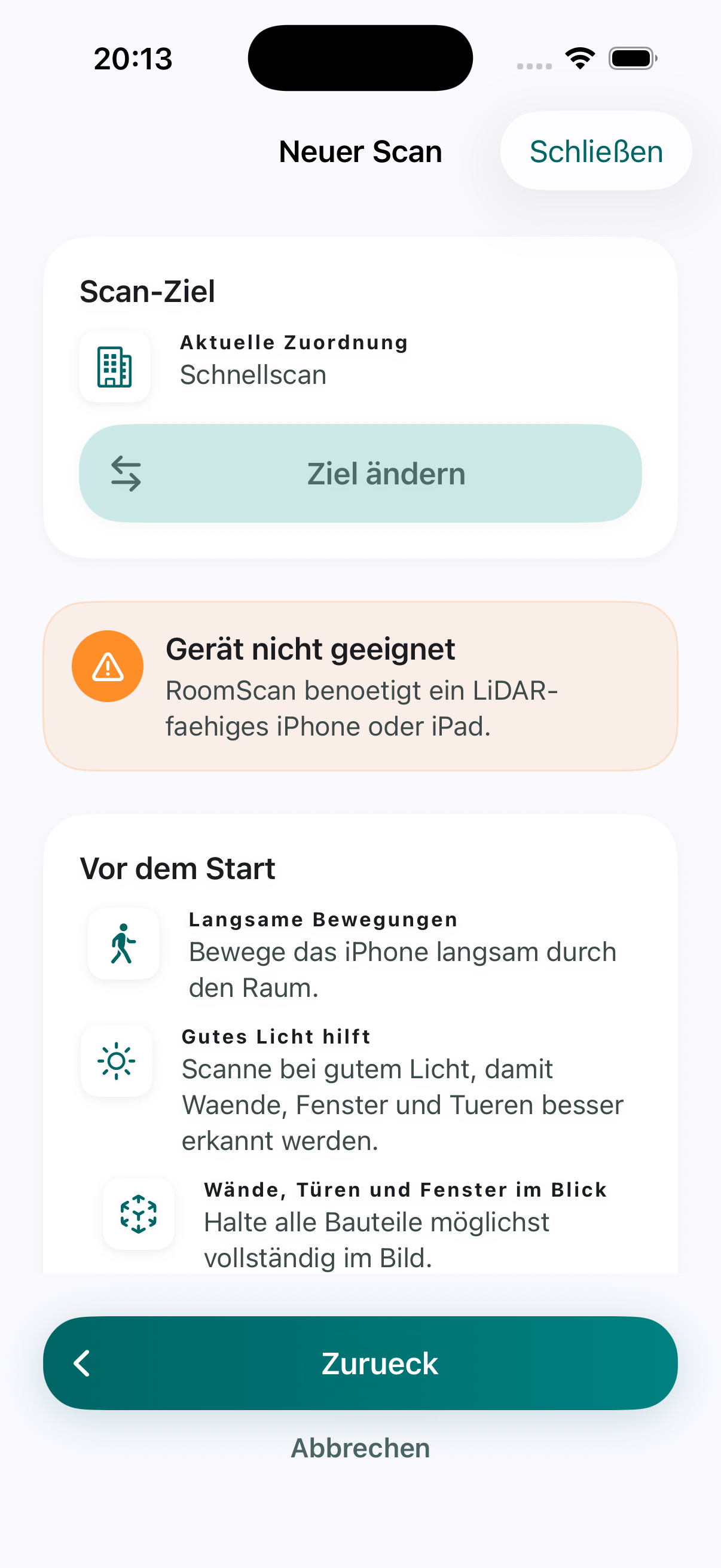 RoomTrace scan entry with device note and before-you-start guidance.